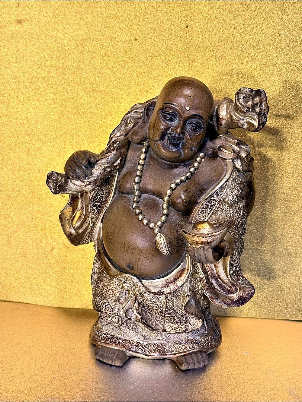 Chinese Laughing Buddha Budai Statue Gold Bronze Finish Prosperity Ingot Heavy